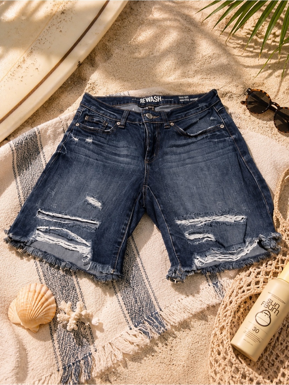 Rewash Distressed Dark Blue mid-Rise Denim Shorts
